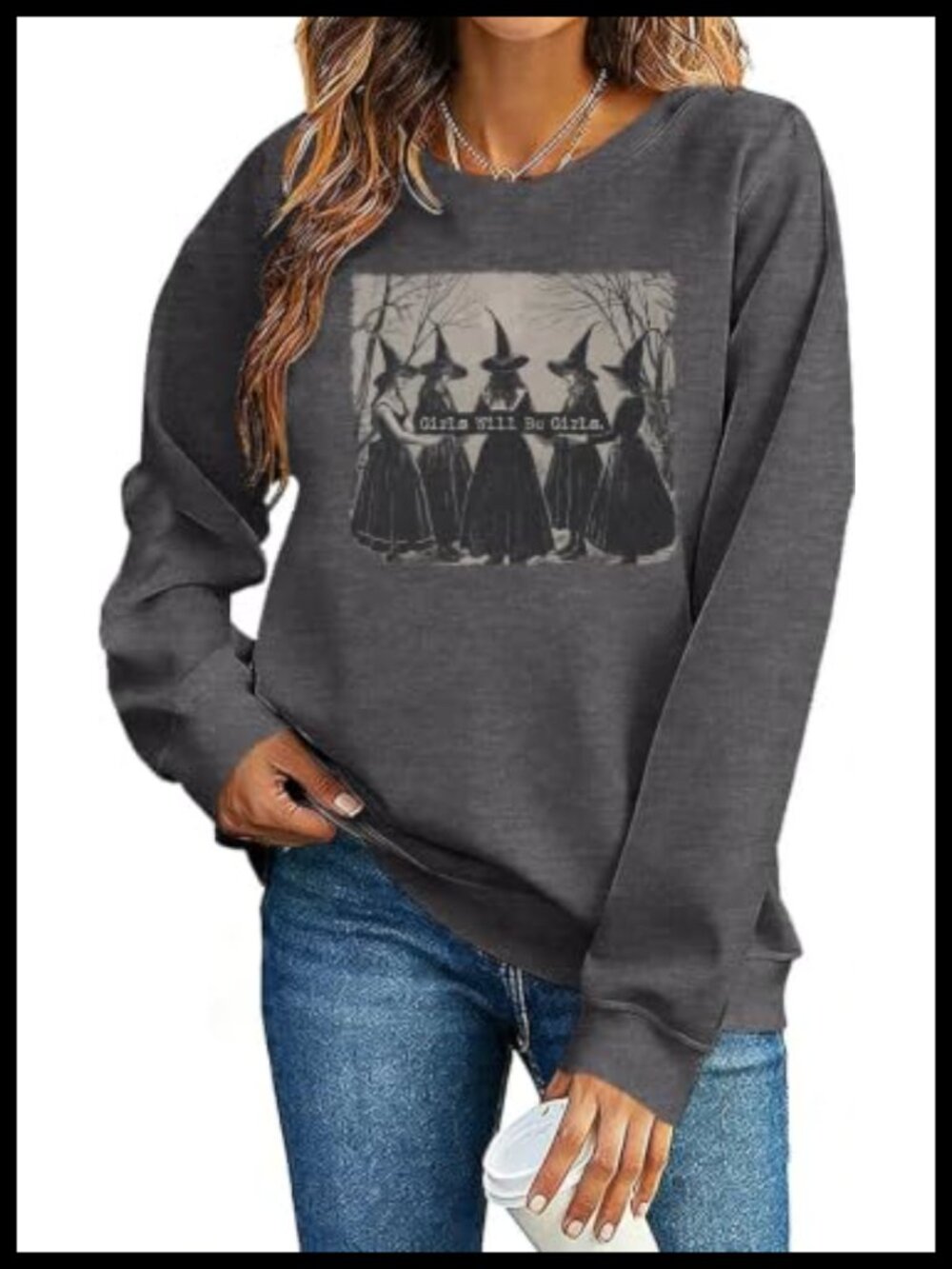 Vintage Witch Graphic Sweatshirt Women Crewneck Retro Halloween Pullover